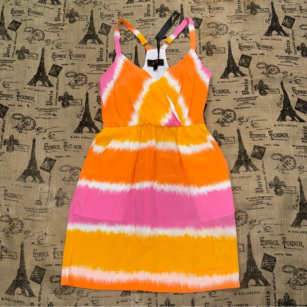 Akiko NWT! Luna Silk Orange Pink White Mini Racerback Dress Size S